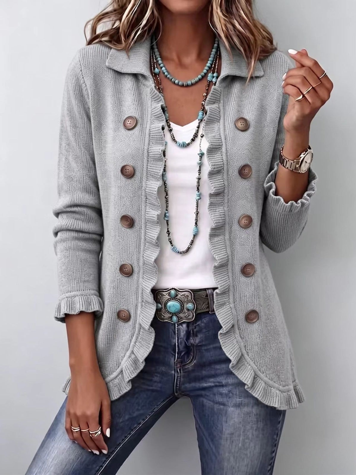 Eloísa - Chaqueta de Punto Gris Jaspeado con Volantes - vista 1