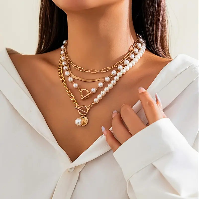 Conjunto Collar Perla & Cadena Serpiente Vintage | Oro