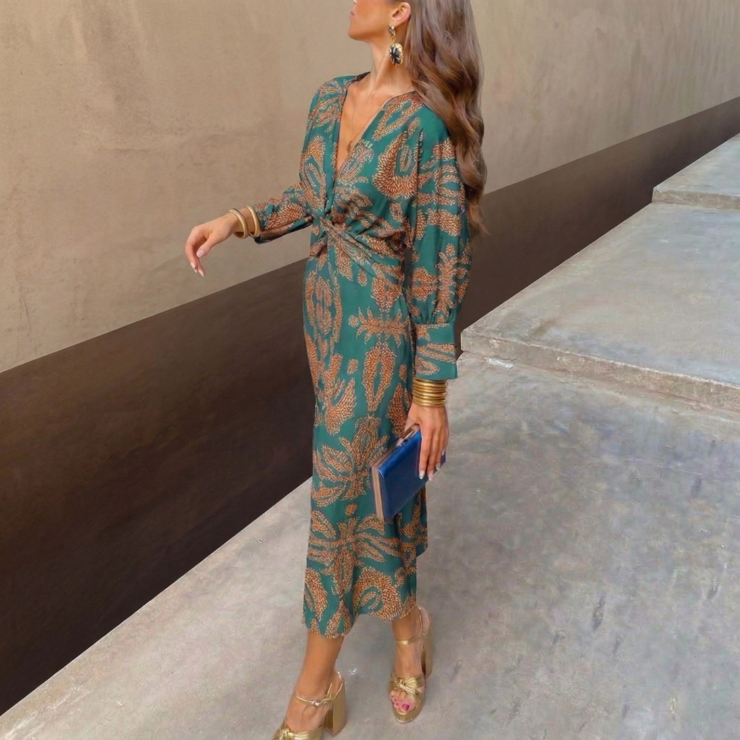 Isadora™ | Vestido Midi Elegante Con Nudo Y Estampado Artístico