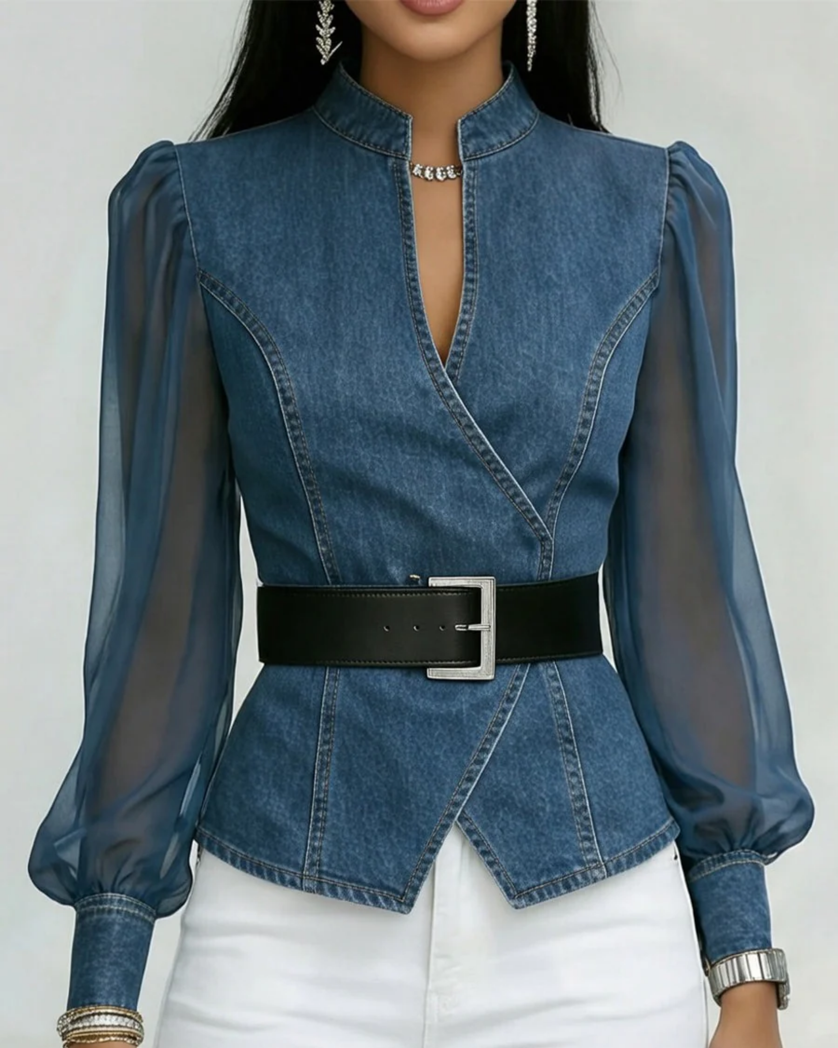 Alessia™ | Top De Mezclilla Con Mangas De Chifón