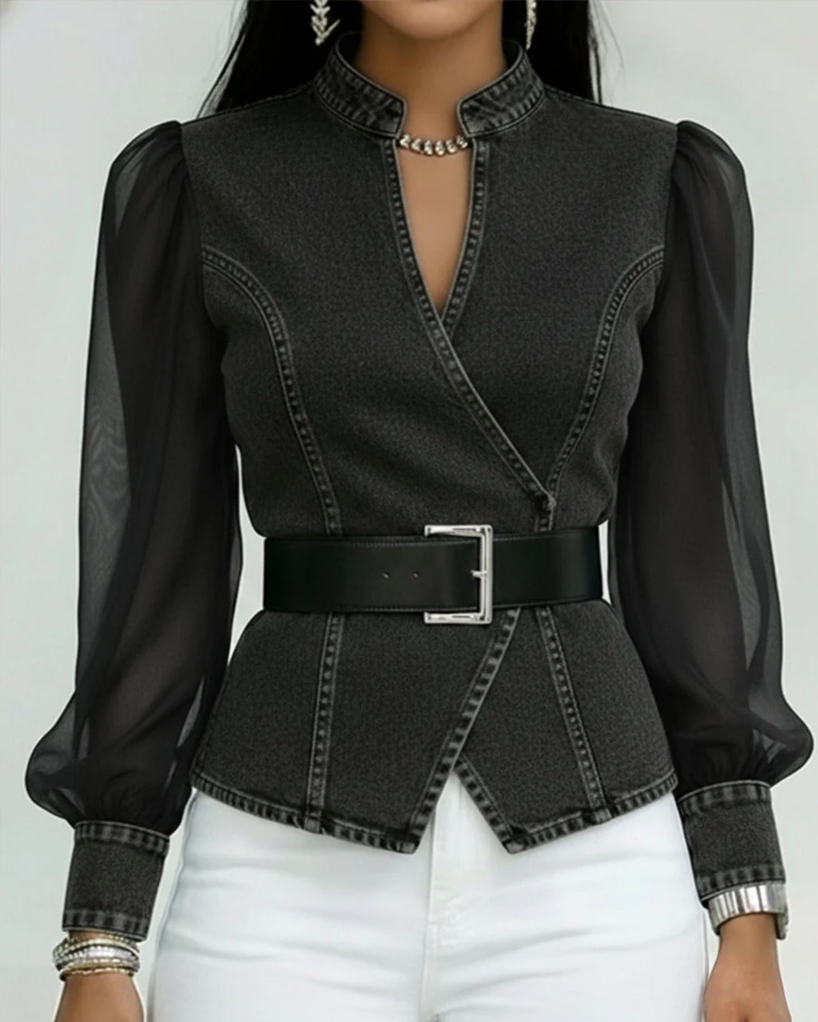 Alessia™ | Top De Mezclilla Con Mangas De Chifón