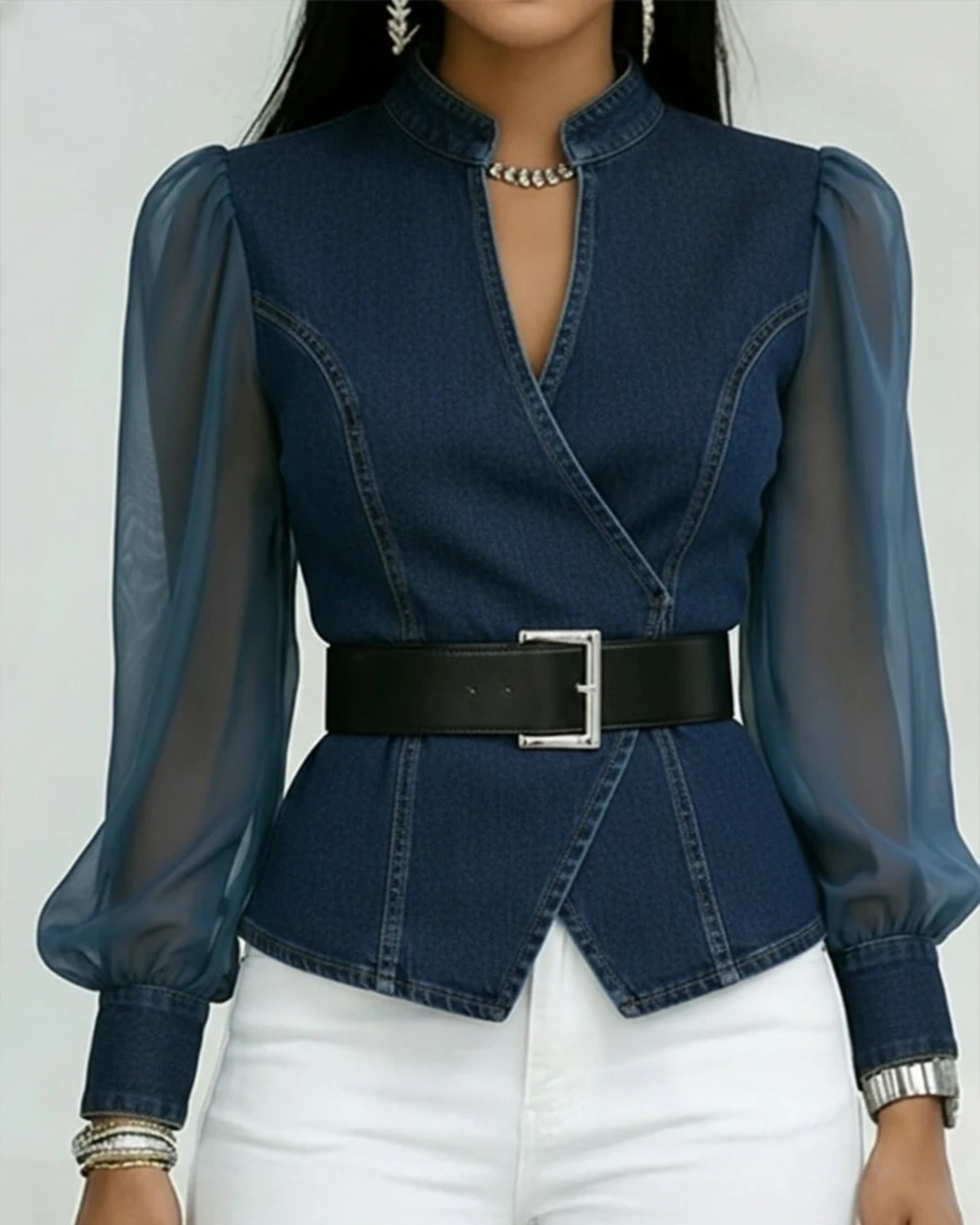 Alessia™ | Top De Mezclilla Con Mangas De Chifón