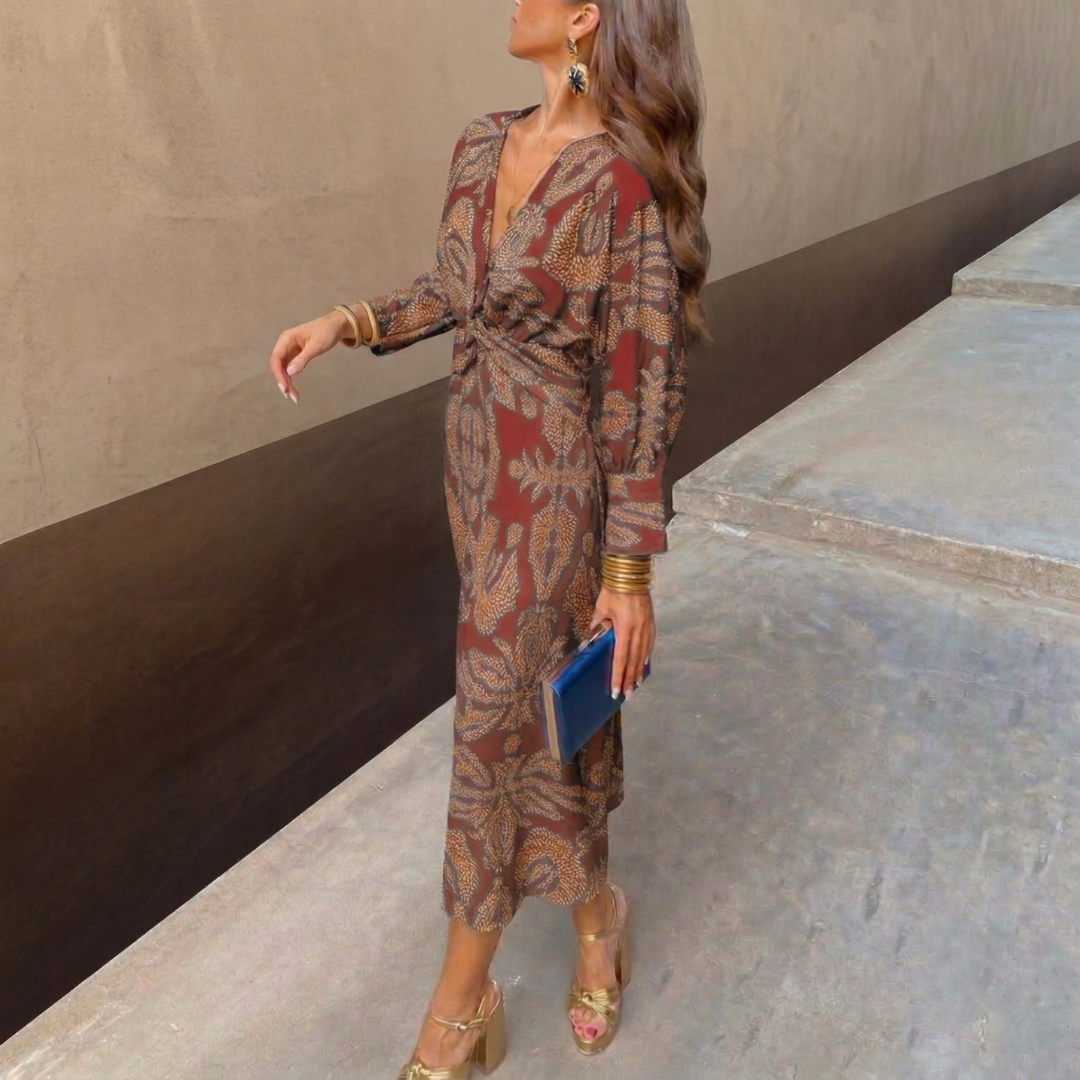 Isadora™ | Vestido Midi Elegante Con Nudo Y Estampado Artístico