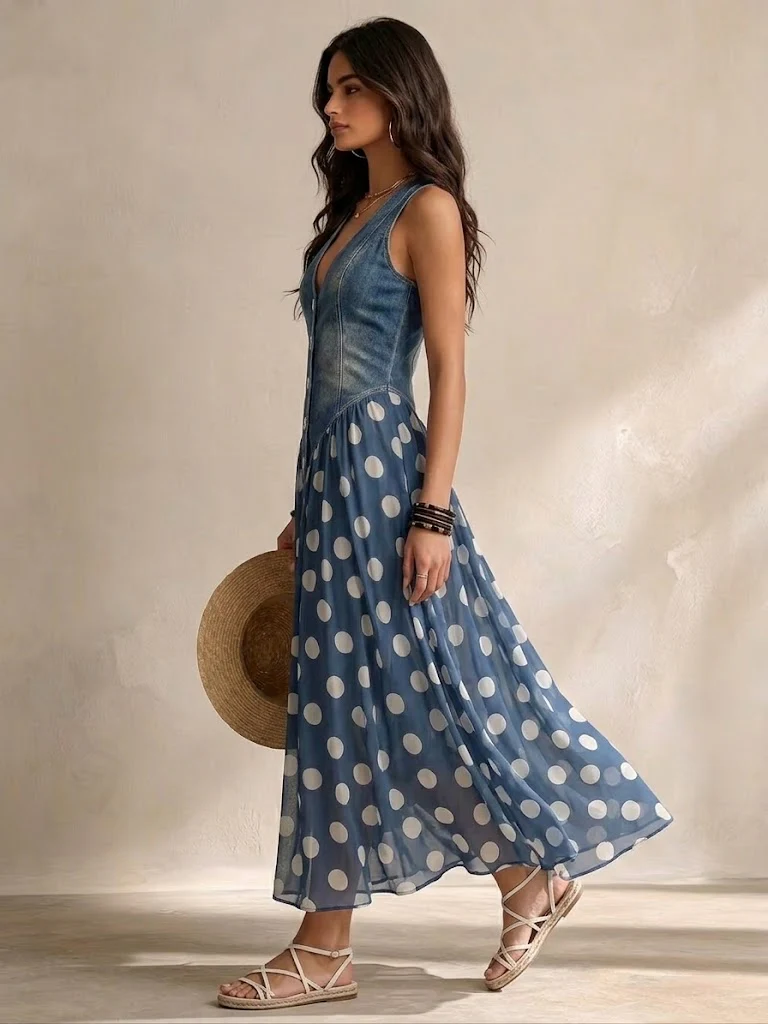 Adeline Vestido Largo Denim de Lunares - Azul, detalle