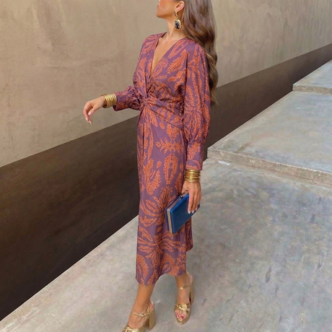 Isadora™ | Vestido Midi Elegante Con Nudo Y Estampado Artístico