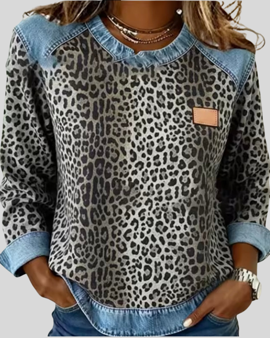 Emma - Suéter de Leopardo con Cuello Efecto Denim - vista 1