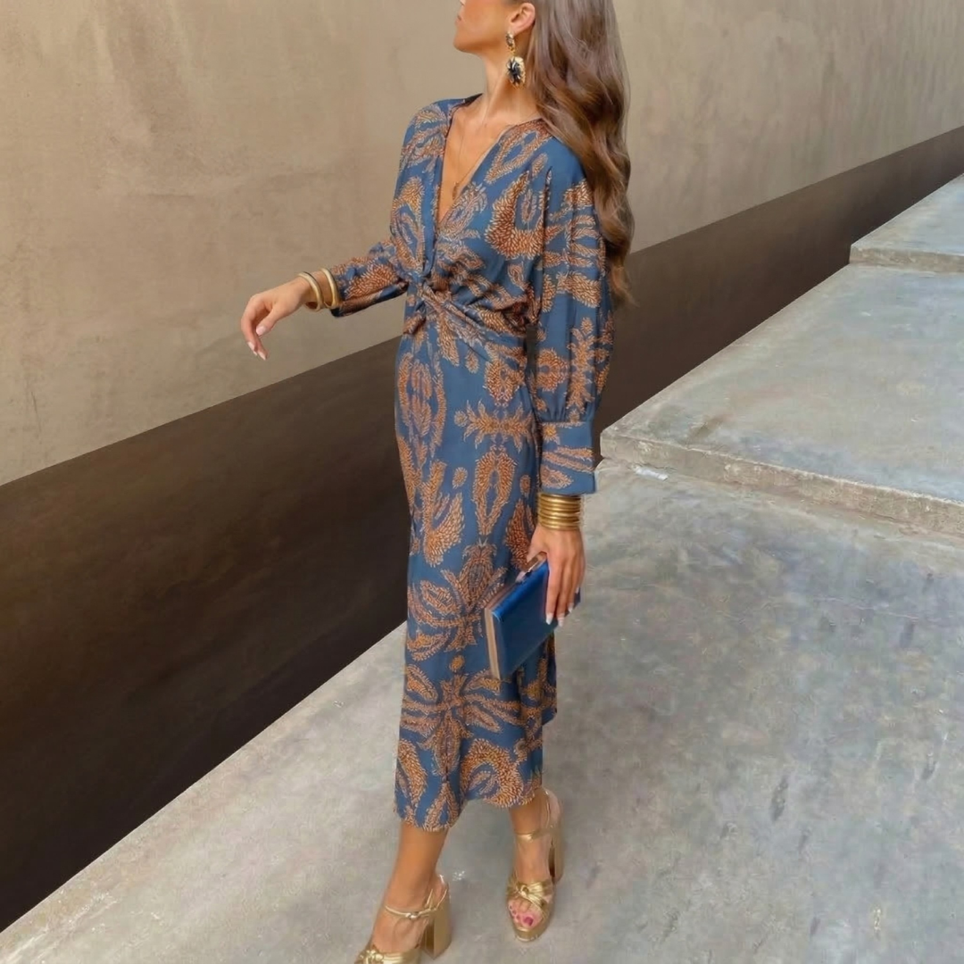Isadora™ | Vestido Midi Elegante Con Nudo Y Estampado Artístico