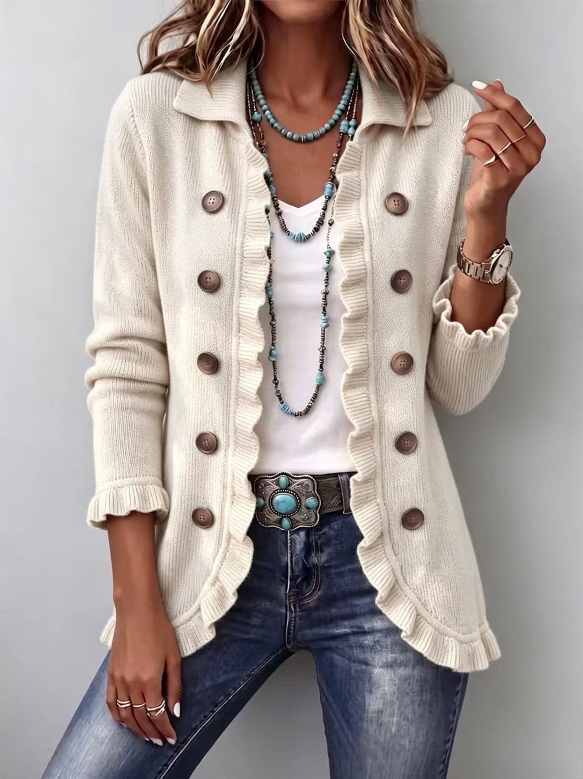 Adelina - Chaqueta de Punto Marfil con Volantes - vista 1