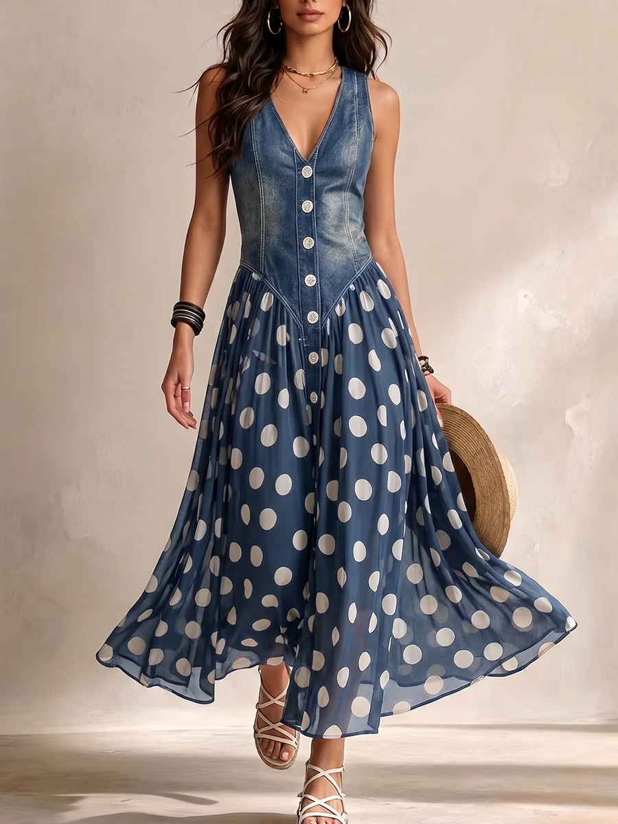 Adeline Vestido Largo Denim de Lunares - Azul, vista frontal