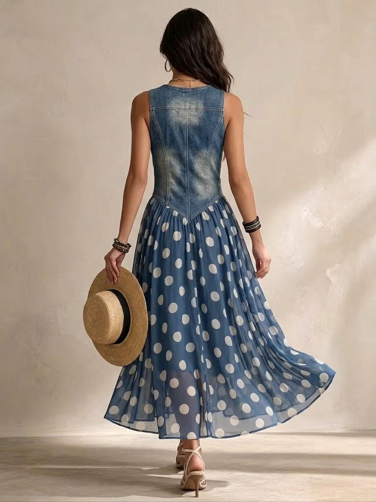 Adeline Vestido Largo Denim de Lunares - Azul, con modelo