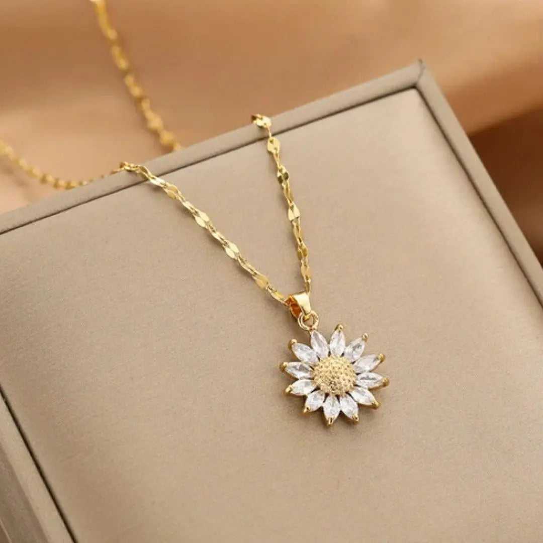 Collar Colgante Girasol en Oro y Cristal