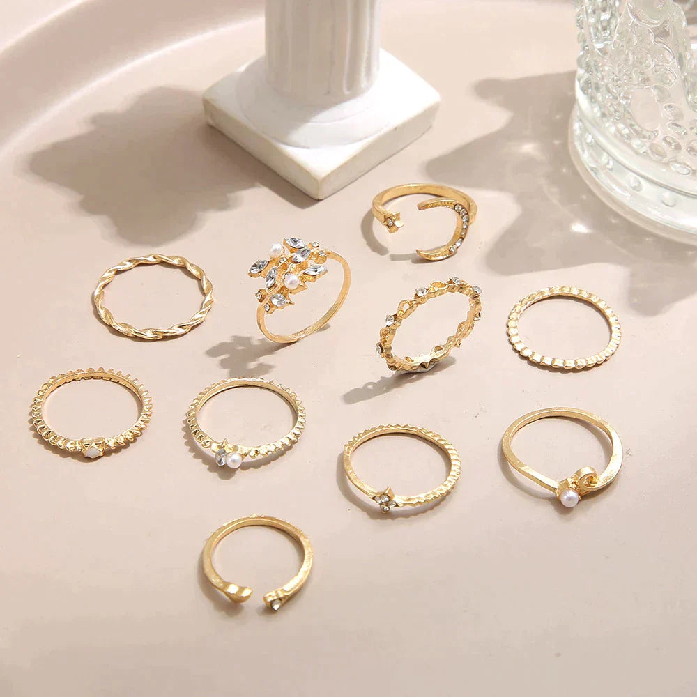 Set de 10 Anillos Bohemios en Plata y Oro