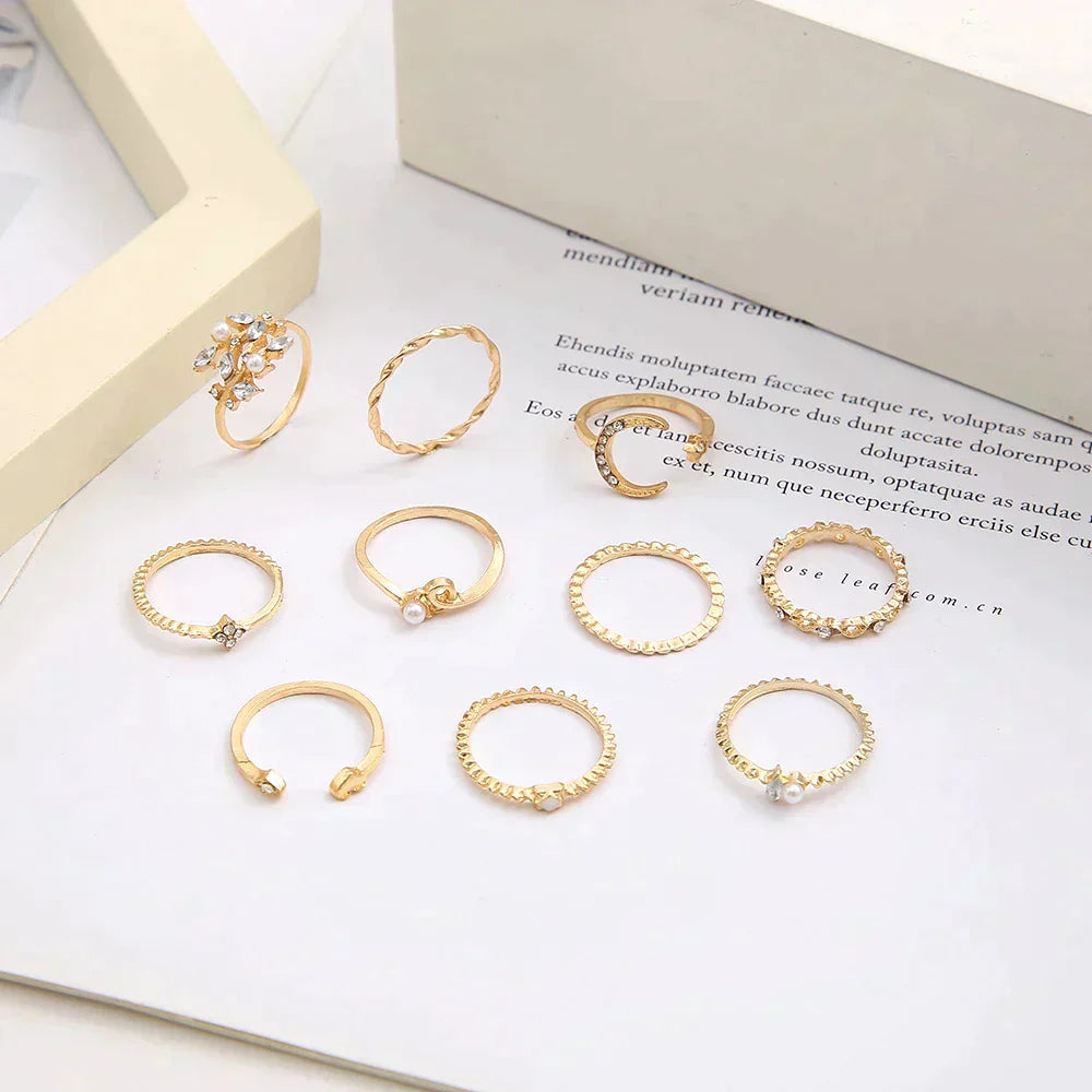 Set de 10 Anillos Bohemios en Plata y Oro
