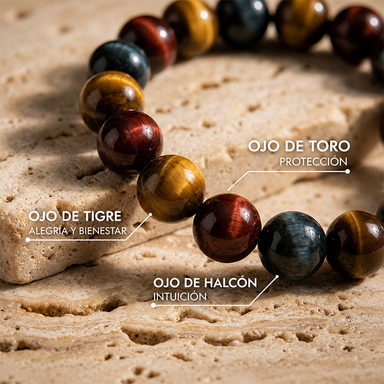 Triple Protección™ | Pulsera de Ojo de Tigre, Ojo de Toro y Ojo de Halcón
