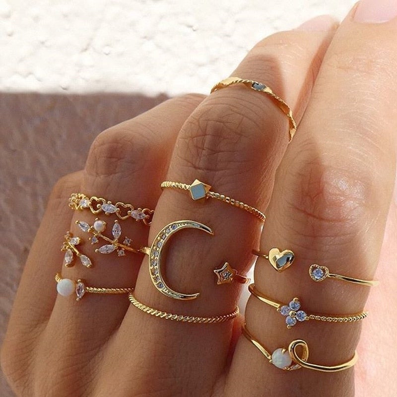 Set de 10 Anillos Bohemios en Plata y Oro
