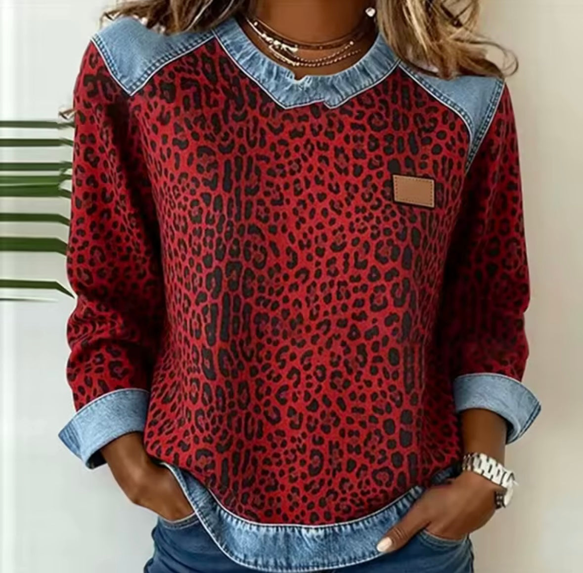 Emma - Suéter de Leopardo con Cuello Efecto Denim - vista 3