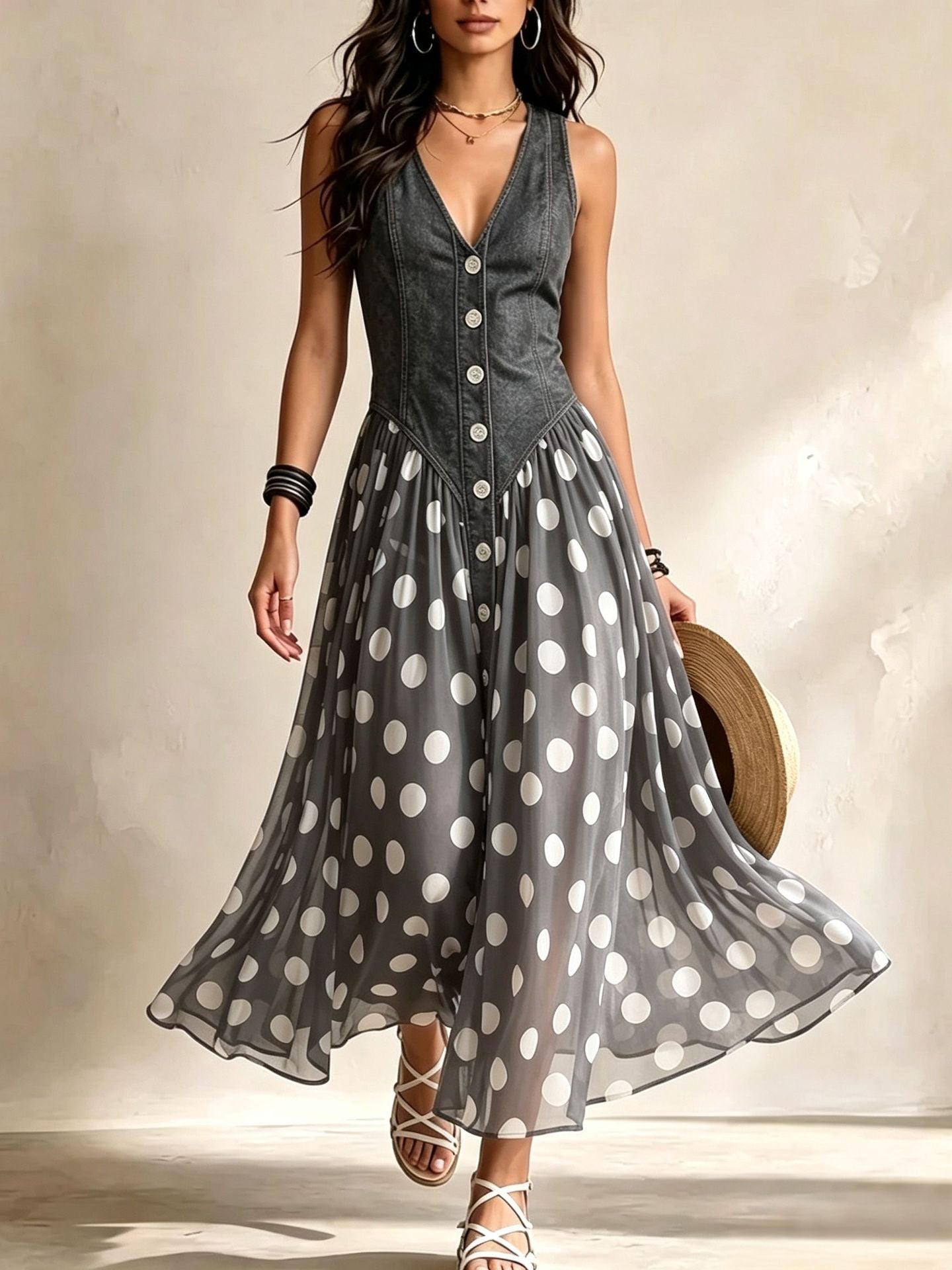 Adeline Vestido Largo Denim de Lunares - Azul, detalle tela