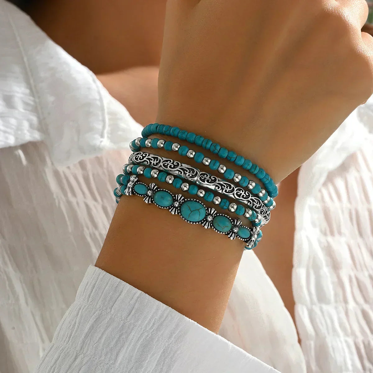 Set de Pulseras Boho con Perlas Turquesa