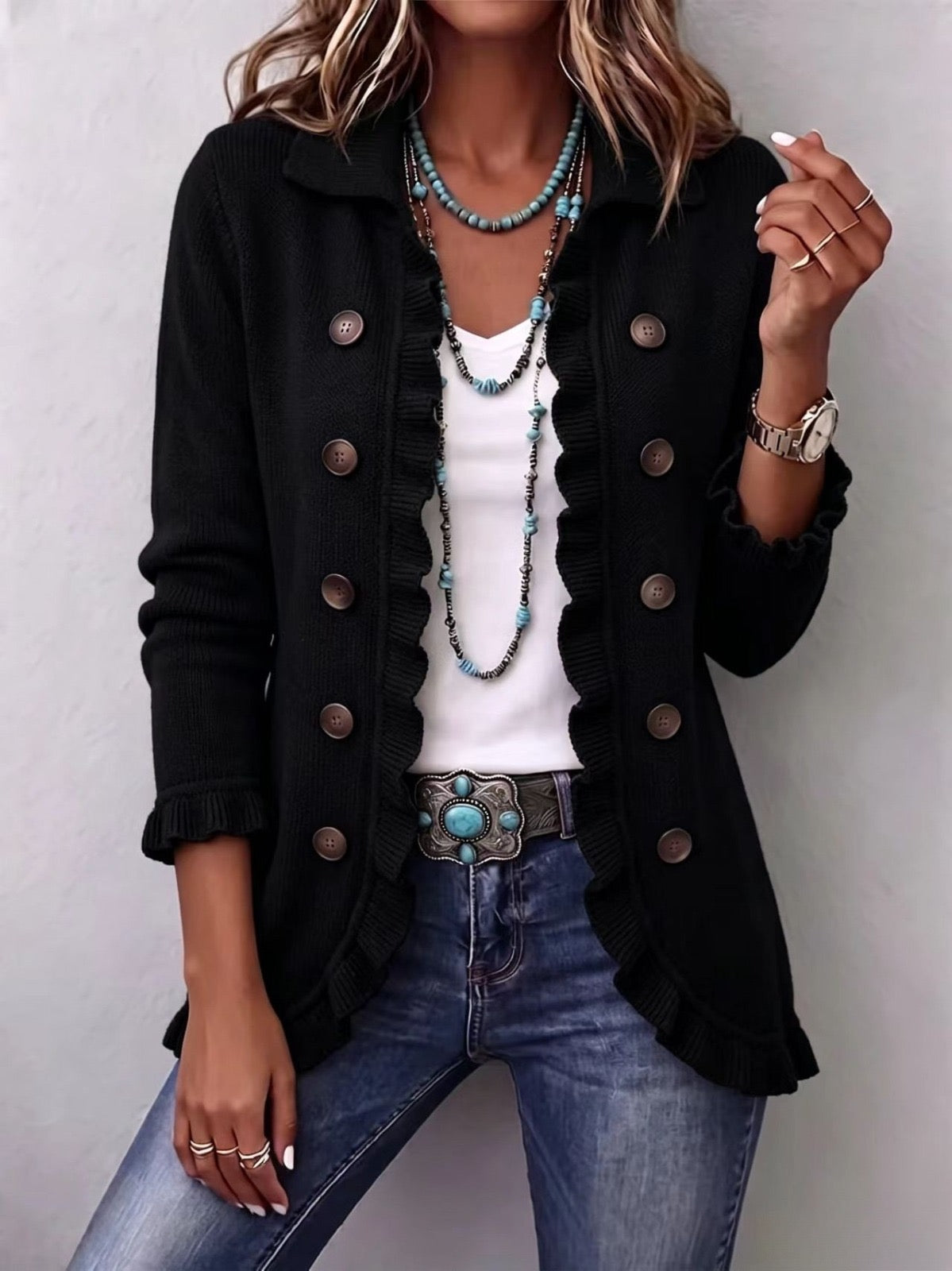 Camila - Chaqueta de Punto Negra con Volantes - vista 1