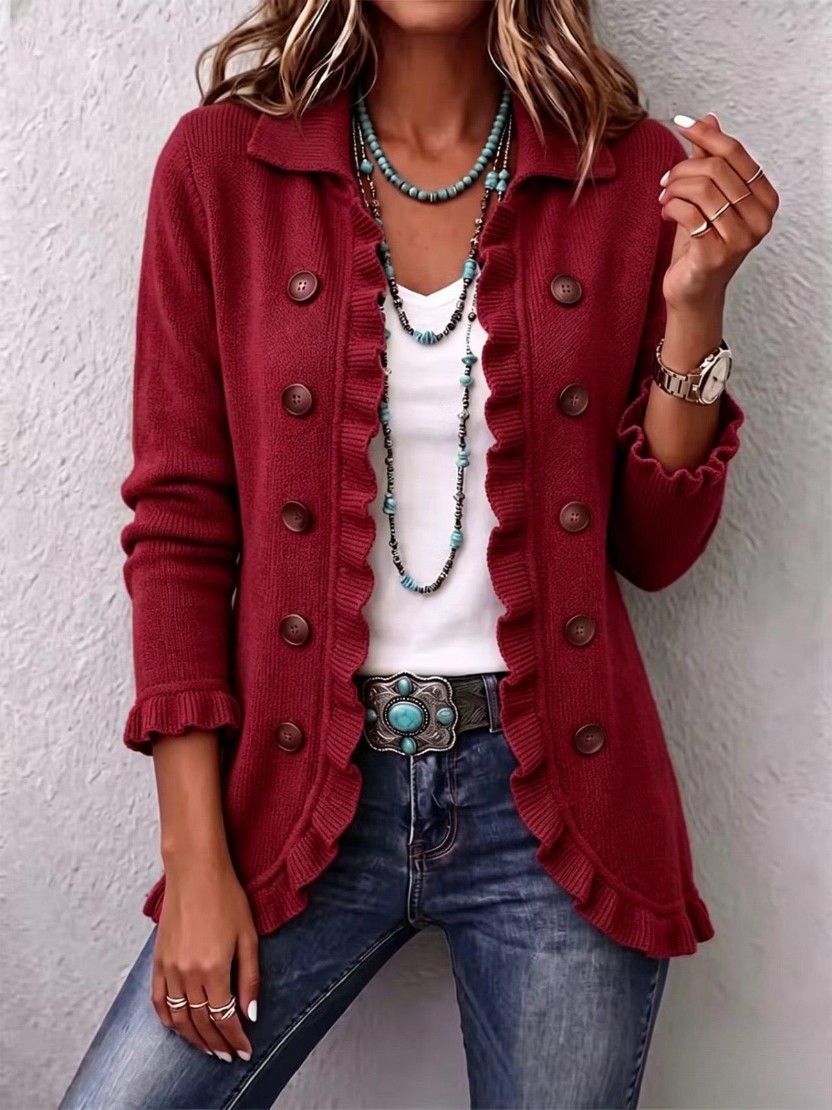 Rosalía - Chaqueta de Punto Rojo Rubí con Volantes - vista 1