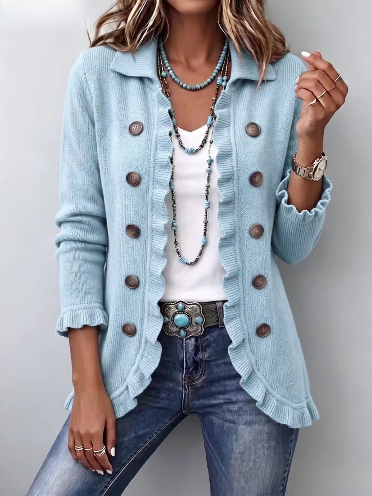 Cecilia - Chaqueta de Punto Azul Empolvado con Volantes - vista 1