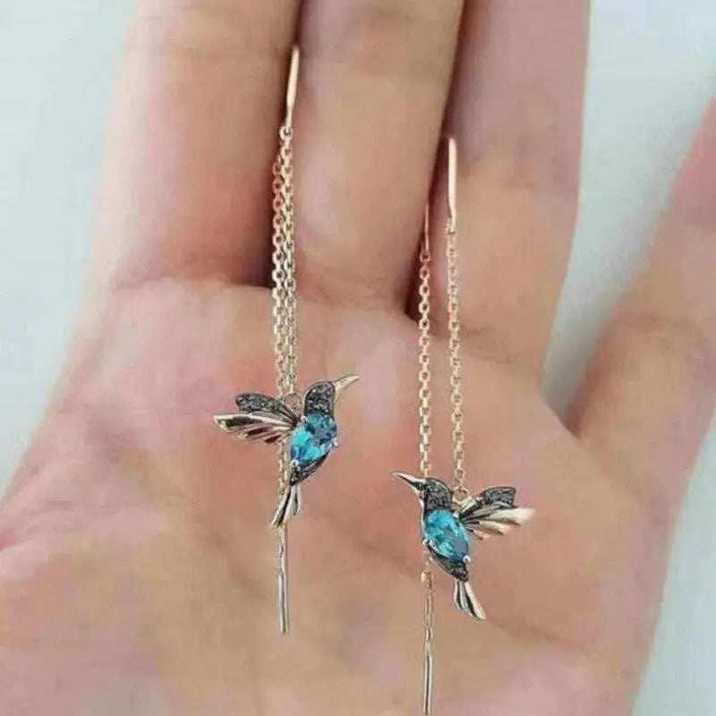 Pendientes de Alambre Colibrí en Oro y Cristales