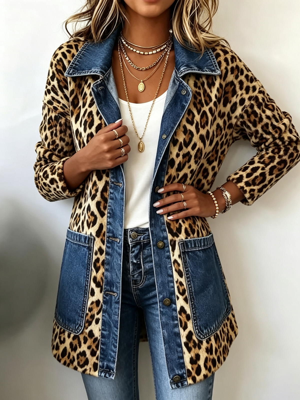 Lorena - Chaqueta Larga Leopardo con Detalles Denim - vista 1