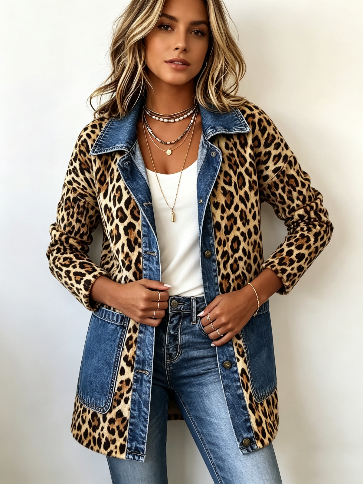 Lorena - Chaqueta Larga Leopardo con Detalles Denim - vista 3