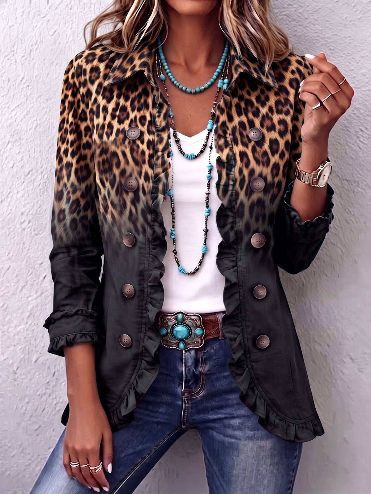 Sabina - Chaqueta Blazer Leopardo Negro con Volantes - vista 1