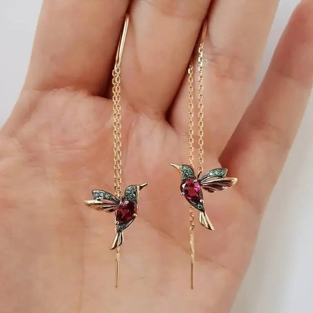 Pendientes de Alambre Colibrí en Oro y Cristales
